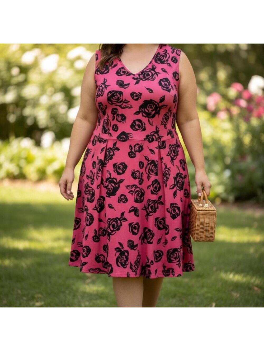 Ashley Stewart Pink and Black Floral Midi Dress